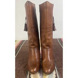 Vtg Kinney Shoes Leather Knee High Boots 7M Cognac Brown Pull On Casual Chic Hip